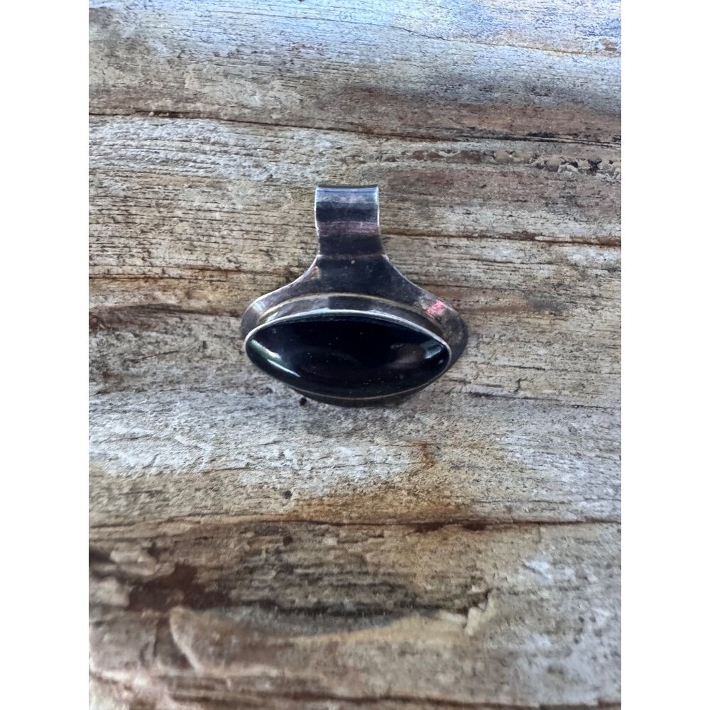 Plata 950 & 18K 750 Mixed Metal Pendant Enhancer Black Onyx/Obsidian Cabochon - Picture 5 of 8